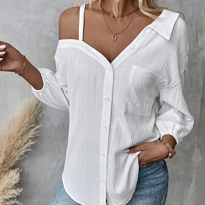 Asymmetrical Shoulder White Blouse – Minimalist Luxe Streetwear for Spring & Summer | QuickoKart