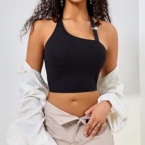 Women's Solid Color One-Shoulder Halterneck Crop Vest – Minimalist Sleek Summer Top | QuickoKart