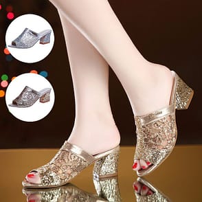 Handmade Mules Heeled Sandals Mules Sparkly Sequin Chunky Heel Peep-toe Lace Shoes Daily Party